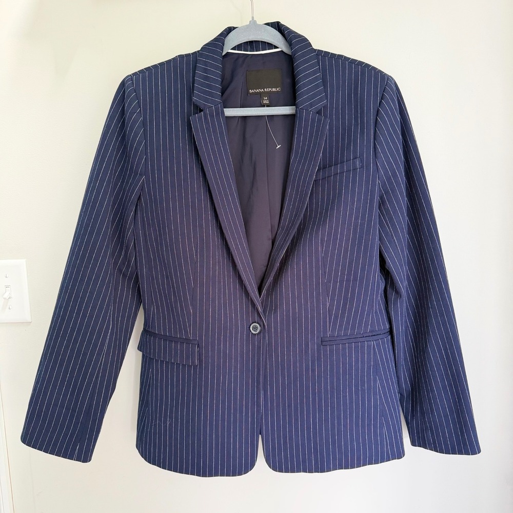 Banana Republic Pinstripe Blazer Jacket Navy Blue Cotton Stretch Career Size 14